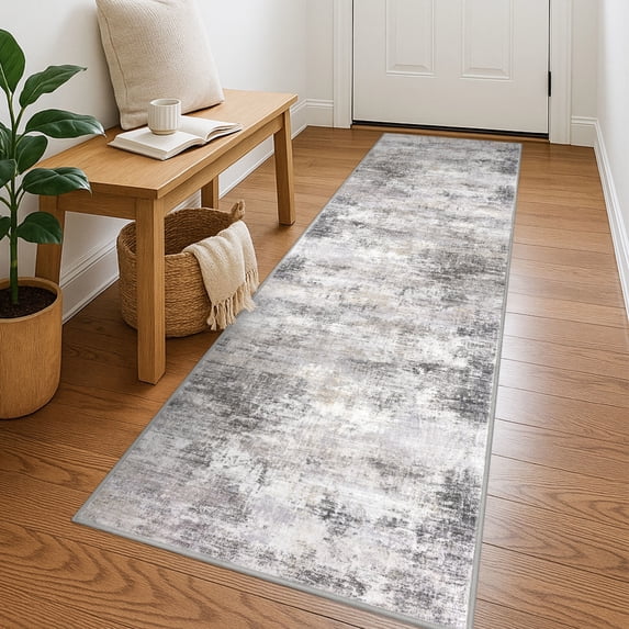 iOhouze Runner Rugs 2x7 Washable Runner Rug for Hallways Non Slip Kitchen Runner Low Pile Soft Printed Faux Wool Abstract Floor Runner for Inodoor Bedroom Entryway Laundry Room, Ash Grey/Beige