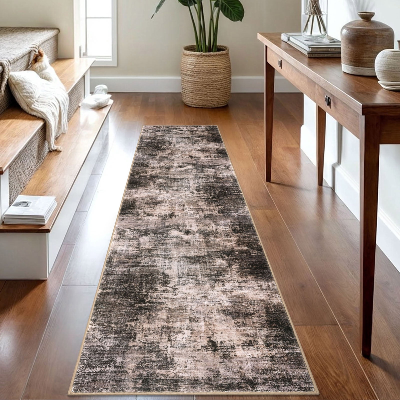iOhouze Runner Rugs 2x8 Washable Runner Rug for Hallways Non Slip Kitchen Runner Low Pile Soft Printed Faux Wool Abstract Floor Runner for Inodoor Bedroom Entryway Laundry Room, Brown/Rust