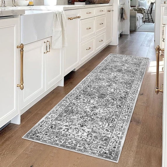 iOhouze Runner Rugs for Hallway 2x5 Rug Runner Thin Vintage Floral Rug Washable Runners Non-Slip Soft Low Pile Kitchen Runner Rug for Laundry Room Bedroom, Light Gray White