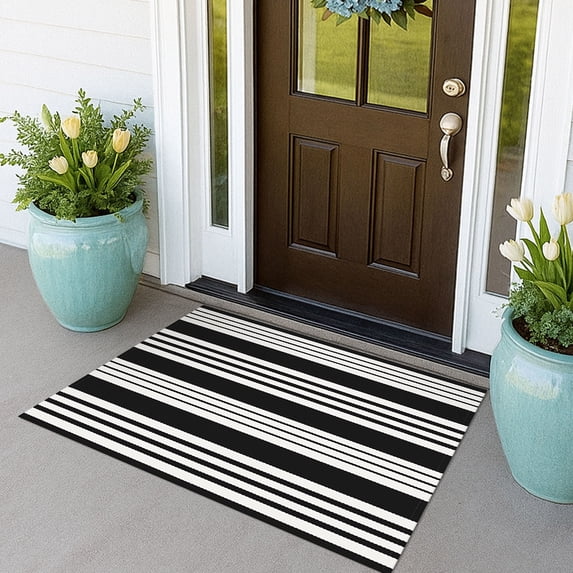 iOhouze Outdoor Rugs Black and White Striped Porch Rug 2.3 x3.6 ft Outdoor Doormats Front Door Rug Washable Door Mat Kitchen Entryway Bedroom Laundry Room
