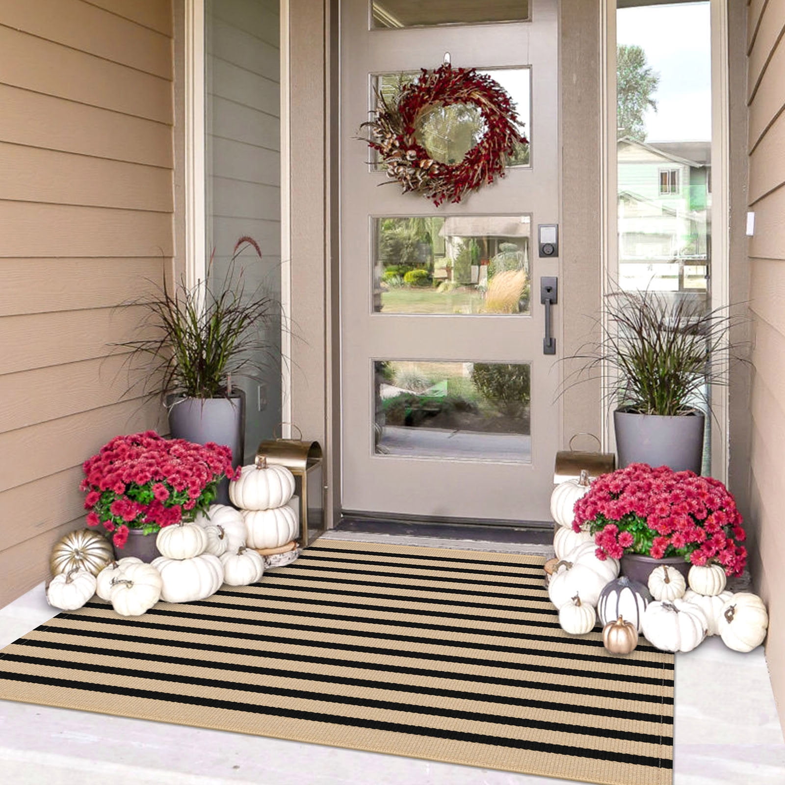 iOhouze Outdoor Rugs Brown and Black Cotton Striped Area Rug 3x5 ft Washable Indoor Outdoor Non Slip Floor Carpet Rug