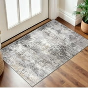 iOhouze Throw Rug with Rubber Backing Abstract Small Area Rugs 2x3 Washable Rugs Non Slip Low Pile Soft Printed Faux Wool Door Mat for Entrance Entryway Foyer Kitchen Bedroom, Grey/Beige