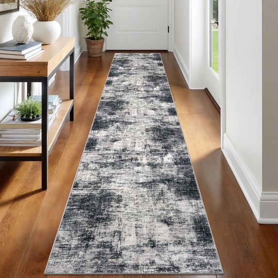 iOhouze Hallway Runner Rugs 2x12 Abstract Washable Runners Non Slip Kitchen Runner Low Pile Abstract Floor Runner for Indoor Bedroom Entryway Laundry Room, Charcoal Grey/Light Grey/Ivory