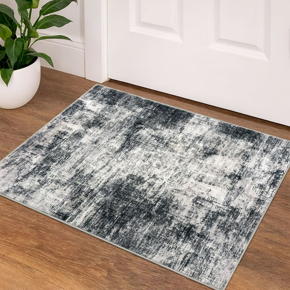 iOhouze Throw Rug with Rubber Backing Abstract Small Area Rugs 2x3 Washable Rugs Non Slip Low Pile Soft Printed Faux Wool Door Mat for Entrance Entryway Foyer Kitchen Bedroom, Black/Grey/White