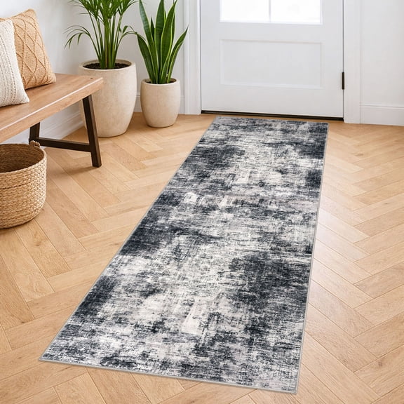 iOhouze 2x5 Runner Rugs Abstract Washable Runner Rug for Hallways Non Slip Kitchen Runner Low Pile Soft Printed Faux Wool Indoor Runner for Bedroom Entryway Laundry Room, Black/Grey/White