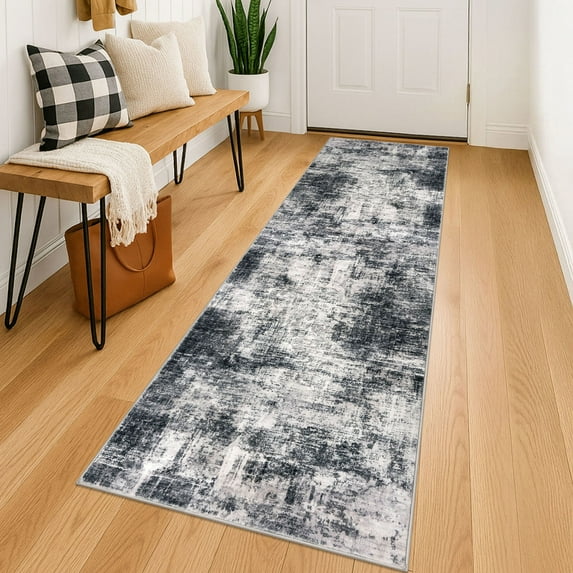 iOhouze Runner Rugs 2x6 Washable Runner Rug for Hallways Non Slip Kitchen Runner Low Pile Soft Printed Faux Wool Abstract Floor Runner for Inodoor Bedroom Entryway Laundry Room, Black/Grey/White