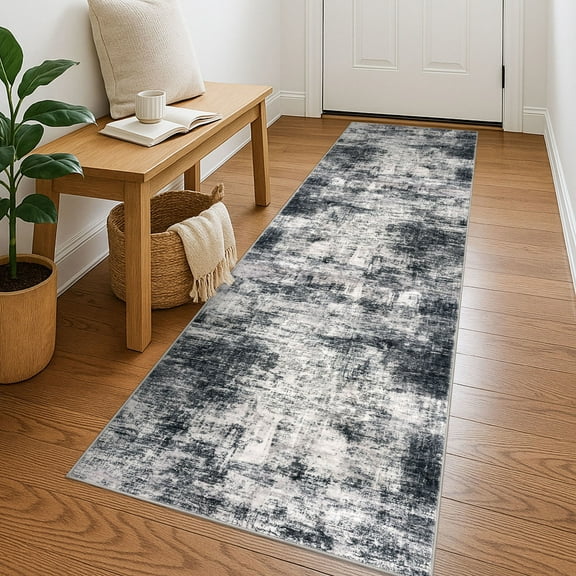 iOhouze Runner Rugs 2x7 Washable Runner Rug for Hallways Non Slip Kitchen Runner Low Pile Soft Printed Faux Wool Abstract Floor Runner for Inodoor Bedroom Entryway Laundry Room, Black/Grey/White