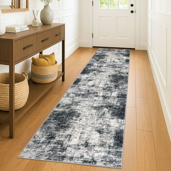 iOhouze Hallway Runner Rugs 2x8 Abstract Washable Runners Non Slip Kitchen Runner Low Pile Soft Printed Faux Wool Abstract Floor Runner for Indoor Bedroom Entryway Laundry Room, Black/Grey/White