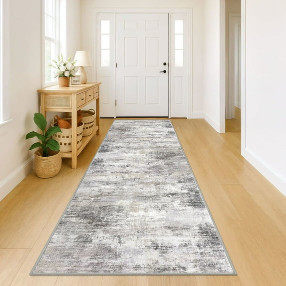 iOhouze Washable Runners 3x12 Abstract Runner Rug for Hallways Non Slip Long Runner Printed Faux Wool Entryway Runner Indoor Modern Abstract Floor Carpet Runner, Ash Grey/Beige