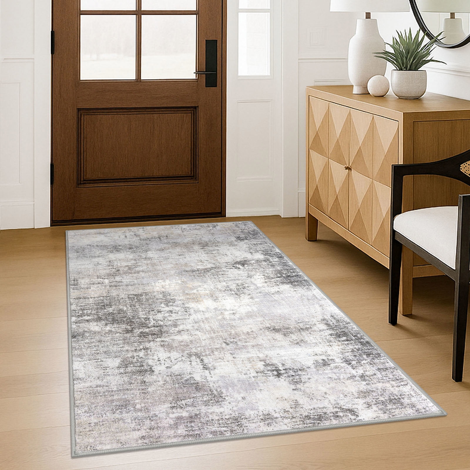 iOhouze Washable Rugs 3x5 ft Entryway Rugs Abstract Non Slip Area Rug Printed Faux Wool Soft Kitchen Rugs Indoor Rugs for Entrance Foyer Living Room Bedroom, Ash Grey/Beige