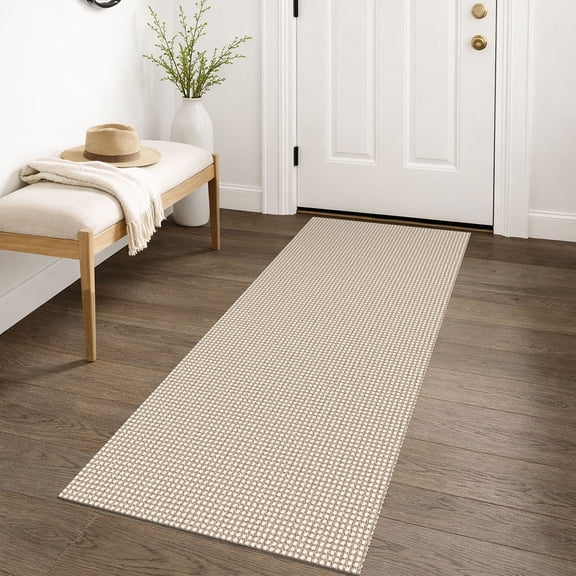 iOhouze Runner Rug for Hallway 2x5 ft Washable Hall Carpet Runner Rubber Backed Hallway Runner Cotton Entryway Runner Rug Floor Runners for Indoor Hallway Bedroom Kitchen, Ivory/Khaki
