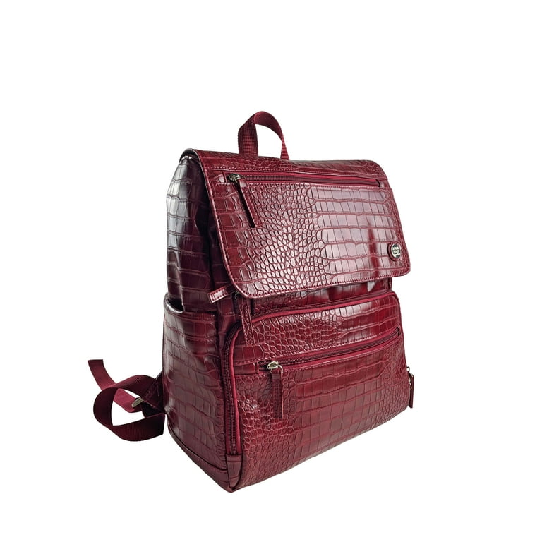 Burgundy croco-like leather handbag