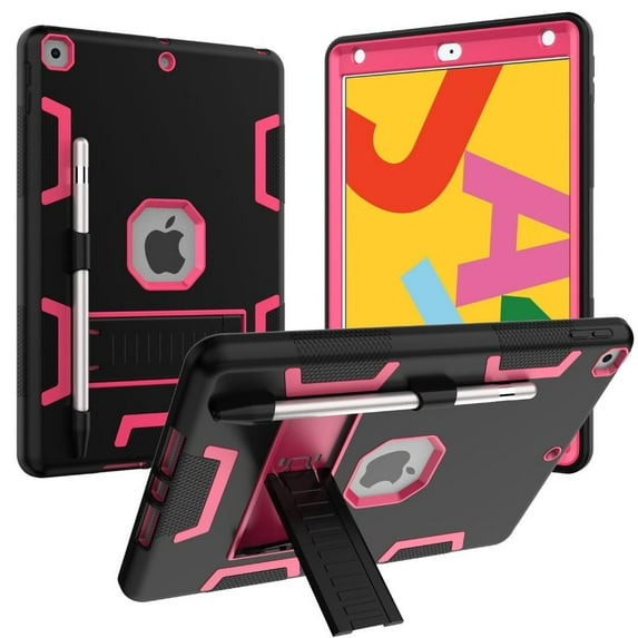 For iPad 10.2 2019 Case iPad 7th Generation Case with Pencil Holder Kickstand Three Layer Heavy Duty Shockproof Anti-Scratch Anti-Fingerprint Protective Cover Pink