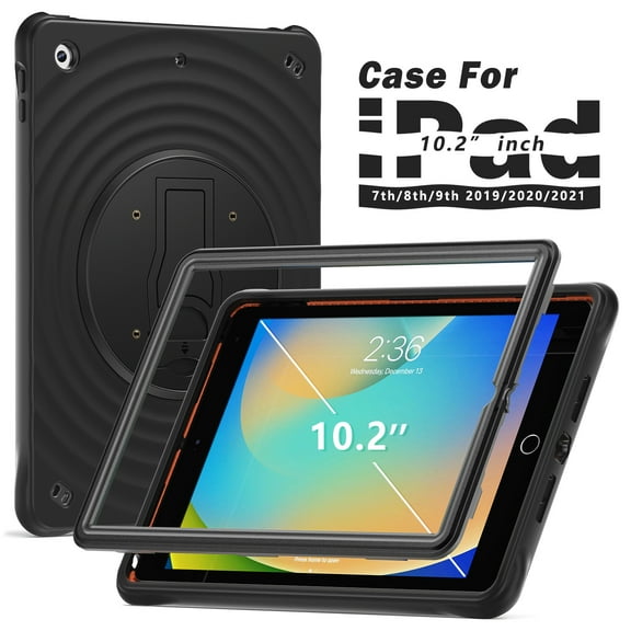 for iPad 10.2" 2021/2020/2019 Case, Hybrid Shockproof Silicone & TPU & PC 3 In 1 Design Cover with Stable Rotatable Stand Shoulder Strap Heavy Duty Durable 3-Layers Protection Cover, Black