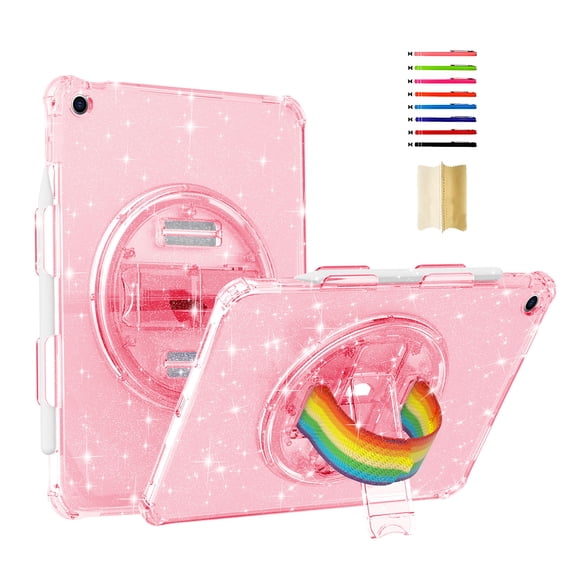 for iPad 10.2" 2021/2020/2019 Case with Pencil Holder Sparkle Glitter 360 Rotating Kickstand Hand Strap Lightweight Anti-Scratch Clear Cover for iPad 7th/8th/9th Generation, Glitter Pink