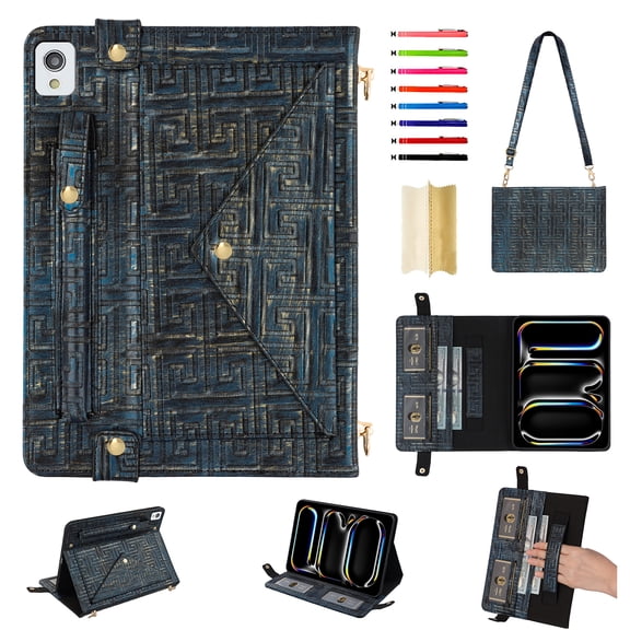 for iPad 10.2" 2021/2020/2019 Case, for iPad Pro 10..5/Air 3 Handbag PU Leather Stand with Elastic Hand Strap and Detachable Adjustable Shoulder Strap, Pencil Holder, Document Card Pocket, Blue