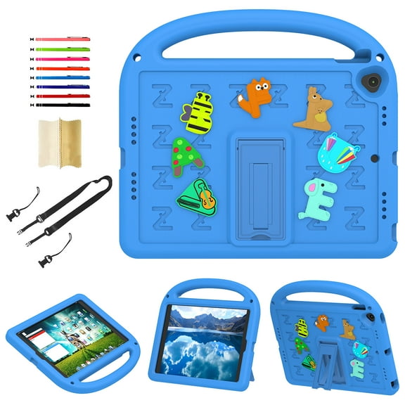 for iPad 10.2" 2021/2020/2019 Silicone Kids Shockproof Cute Case with Handle, Multiple Angles Stand Rugged Cover for iPad 9th/8th/7th Generation with Removable Shoulder Strap, Blue