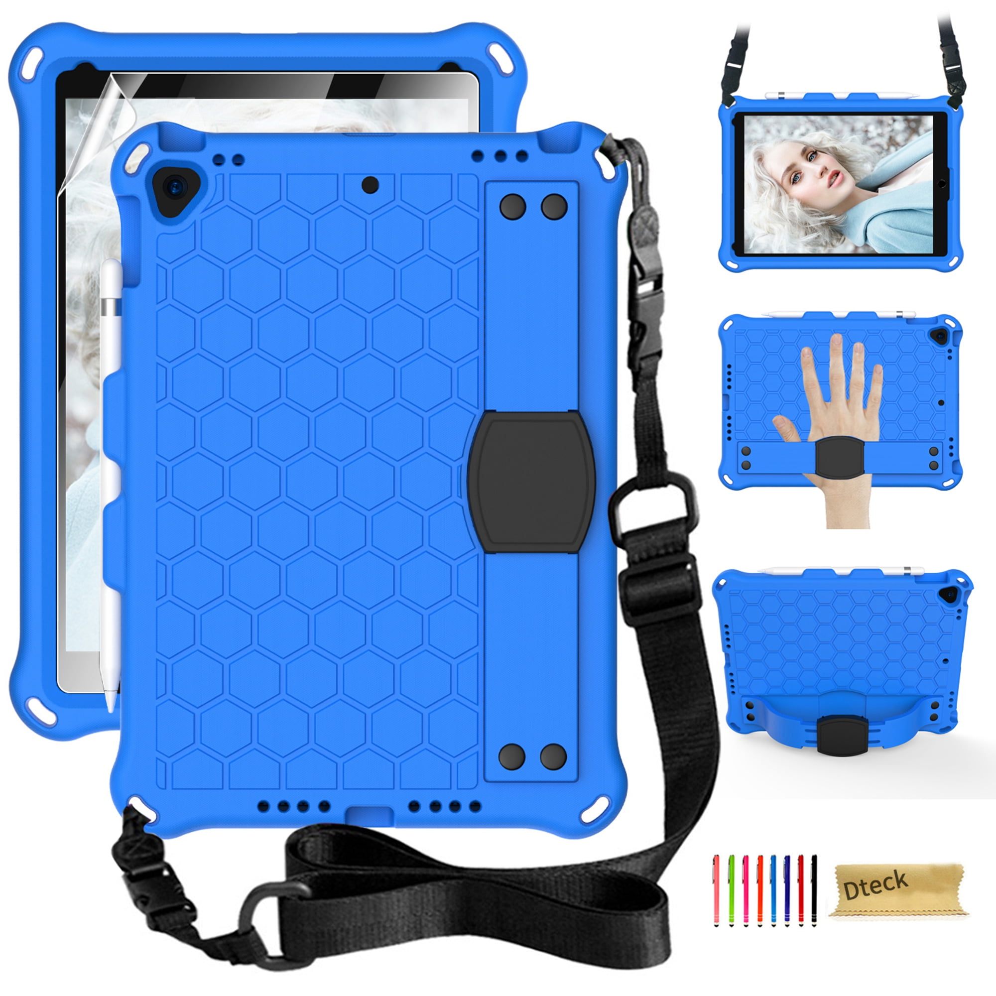 iPad 10.2 2021 Case with Screen Protector, Dteck Shockproof Case for iPad 9th Gen/ iPad 8th Gen / iPad 7th Gen with Removable Shoulder Strap/Hand Strap/Pencil Holder, Heavy Duty Rugged Case,Blue/Black