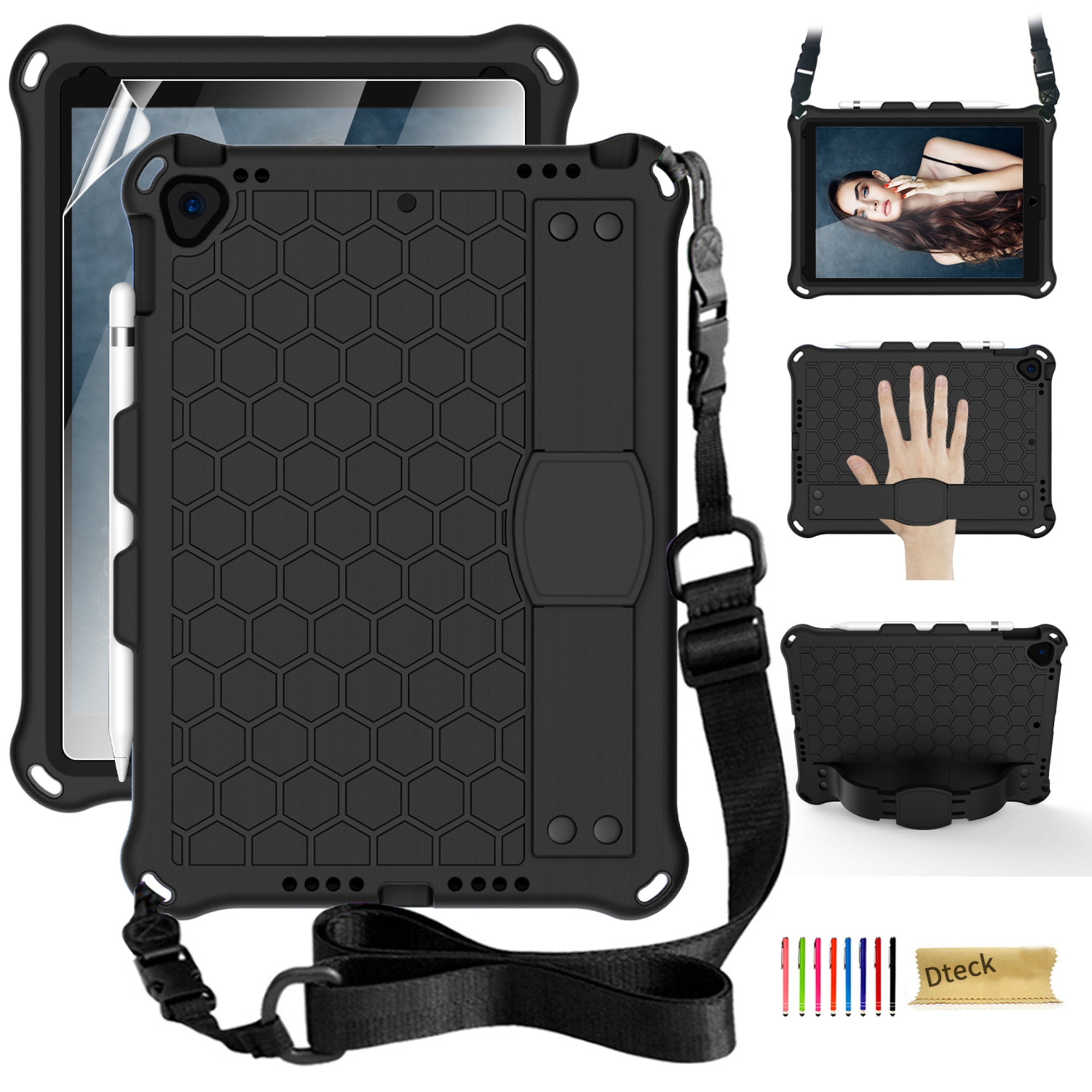 iPad 10.2 2021 Case with Screen Protector, Dteck Shockproof Case for iPad 9th Gen/ iPad 8th Gen / iPad 7th Gen with Removable Shoulder Strap/Hand Strap/Pencil Holder, Heavy Duty Rugged Case, Black