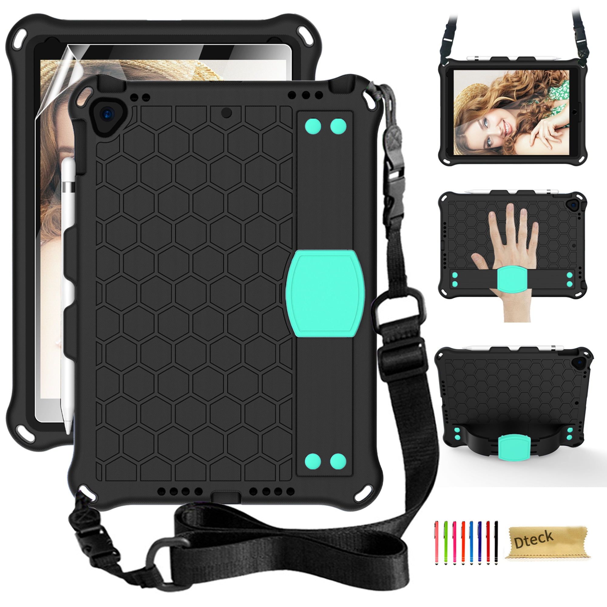 iPad 10.2 2021 Case with Screen Protector, Dteck Shockproof Case for iPad 9th Gen/ iPad 8th Gen / iPad 7th Gen with Removable Shoulder Strap/Hand Strap/Pencil Holder, Heavy Duty Rugged Case,Black/Mint