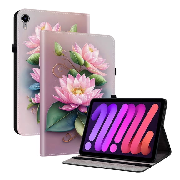 For iPad 10.2" (7th/8th/9th Gen), Air 10.5" (3rd Gen), Pro 10.5" (2017) Folio Case with Stand/Card Slots/Elastic Band Closure/Pen Loop Holder, Cute PU Leather Protective Lightweight Cover, Lotus