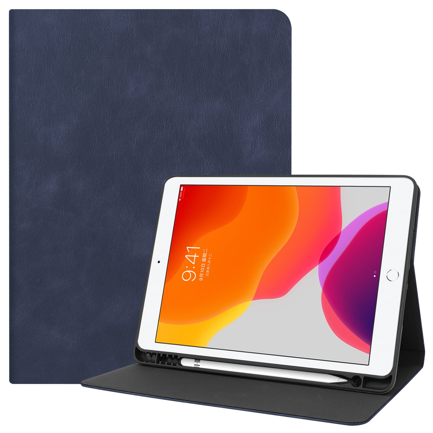 iPad 10.2" 7th Generation Case with Pencil Holder, Allytech Slim Fit PU Leather Folio Flip Stand Smart Cover Auto Sleep Wake Full Protection Shockproof Cases Covers for Apple iPad 7th Gen,Darkblue