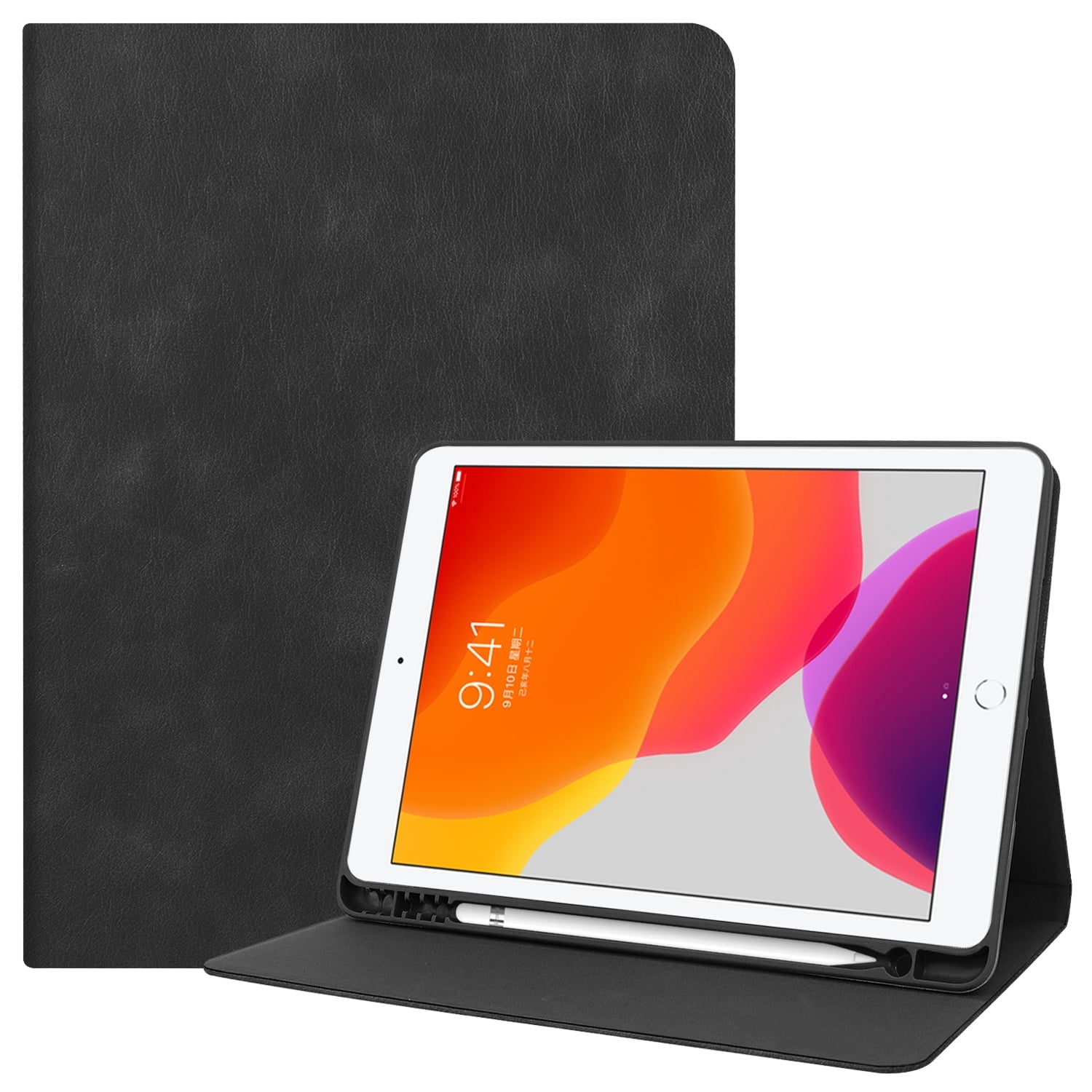 iPad 10.2" 7th Generation Case with Pencil Holder, Allytech Slim Fit PU Leather Folio Flip Stand Smart Cover Auto Sleep Wake Full Protection Shockproof Cases Covers for Apple iPad 7th Gen,Black