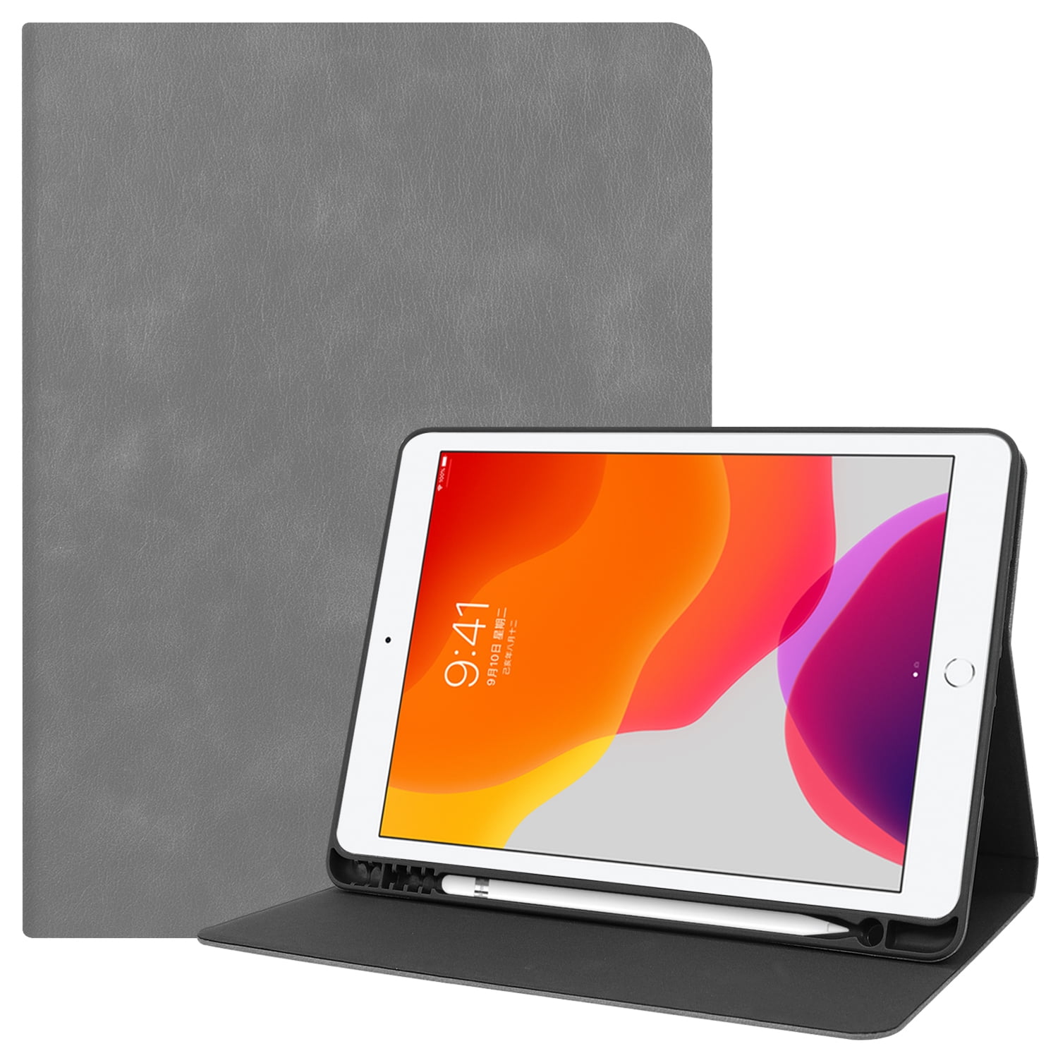iPad 10.2" 7th Generation Case with Pencil Holder, Allytech Slim Fit PU Leather Folio Flip Stand Smart Cover Auto Sleep Wake Full Protection Shockproof Cases Covers for Apple iPad 7th Gen,Gray