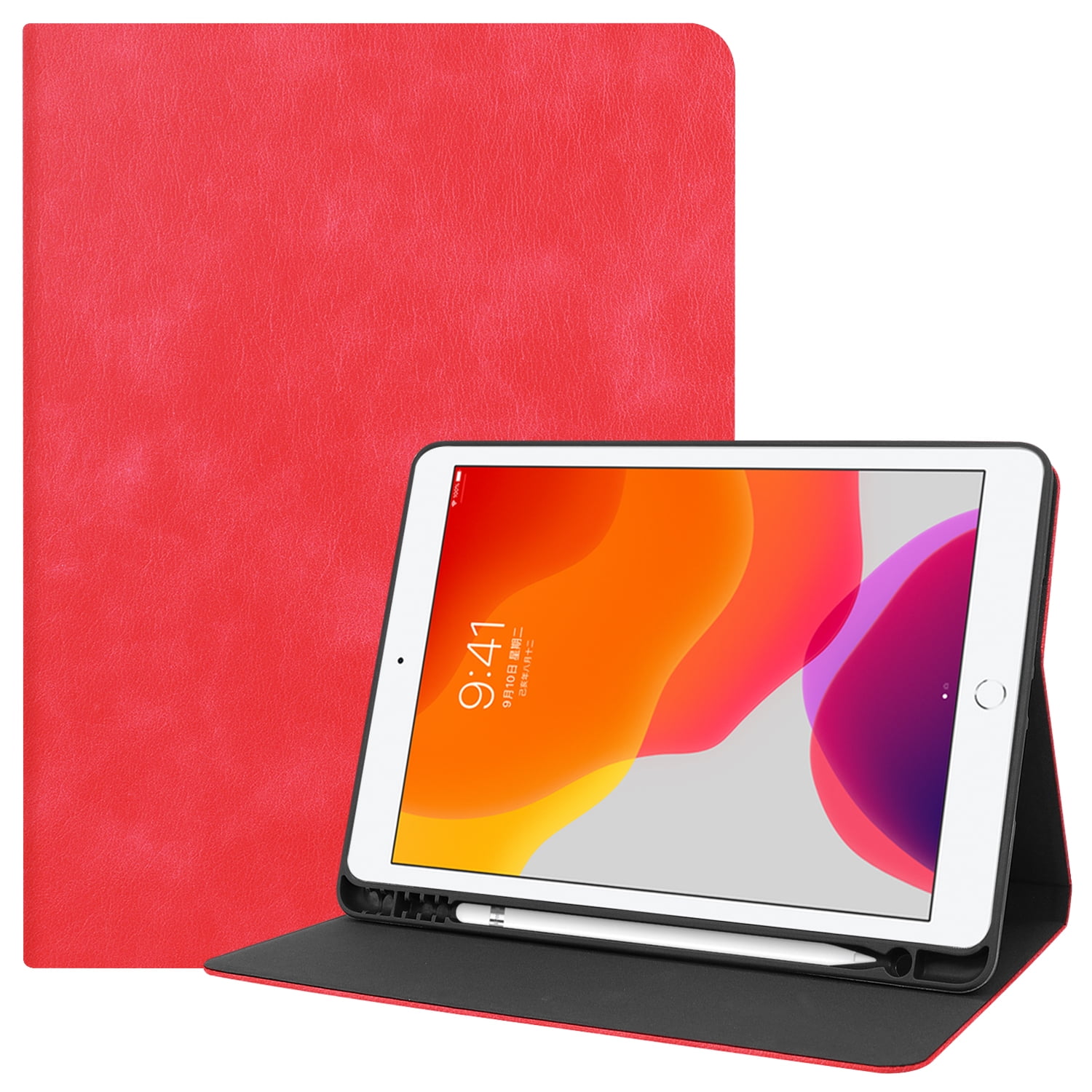 iPad 10.2" 7th Generation Case with Pencil Holder, Allytech Slim Fit PU Leather Folio Flip Stand Smart Cover Auto Sleep Wake Full Protection Shockproof Cases Covers for Apple iPad 7th Gen,Red