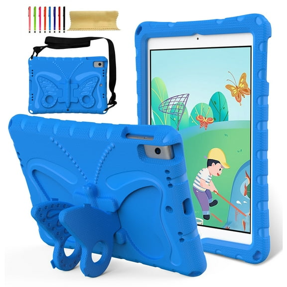 for iPad 10.2" 9th Gen 2021/8th Gen 2020/7th Gen 2019, for iPad Air 3rd 2019/Pro 10.5 2017 Case for Kids with 90° Rotatable Folding Butterfly Stand Shoulder Strap Cover, Blue