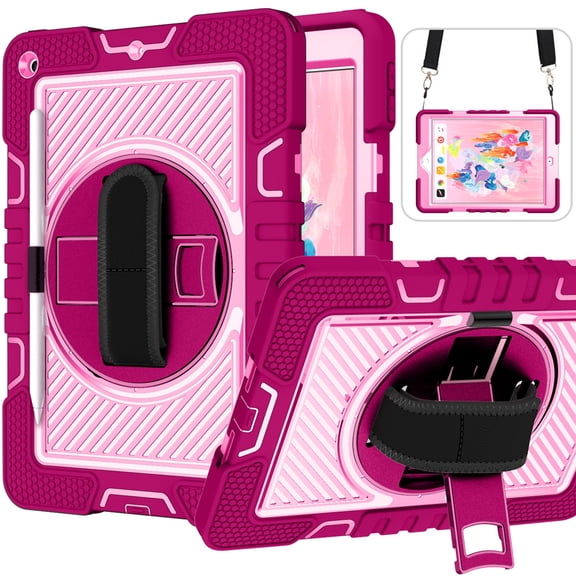 iPad 10.2 Case 2020/2019, iPad 8th/7th Gen Crossbody Case, Dteck Heavy Duty Rotating Hand Grip Pencil Holder Rugged Shockproof Case with Carry Shoulder Strap for iPad 10.2 inch 2020/2019,Rose+Pink