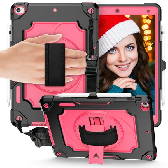 For iPad 10.2 Case 2021/2020/2019, iPad 9th/ 8th/ 7th Generation Case with Pencil Holder, Kickstand with Elastic Wrist Hand Strap Shoulder Strap Rugged Shockproof Cover, Black+Rose