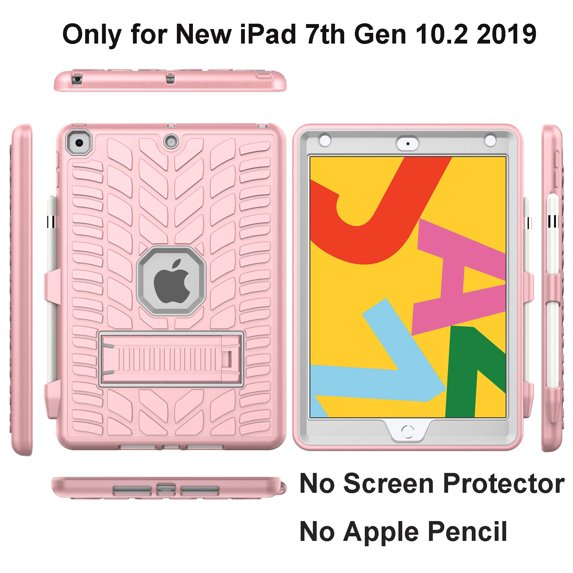 iPad 10.2 Case 7th Generation with Pencil Holder, Allytech Hybrid Dual Layers Heavy Duty Shockproof Defender Build Kickstand Drop Protection Case Cover for Apple iPad 7th Gen 2019,Pink/Gray