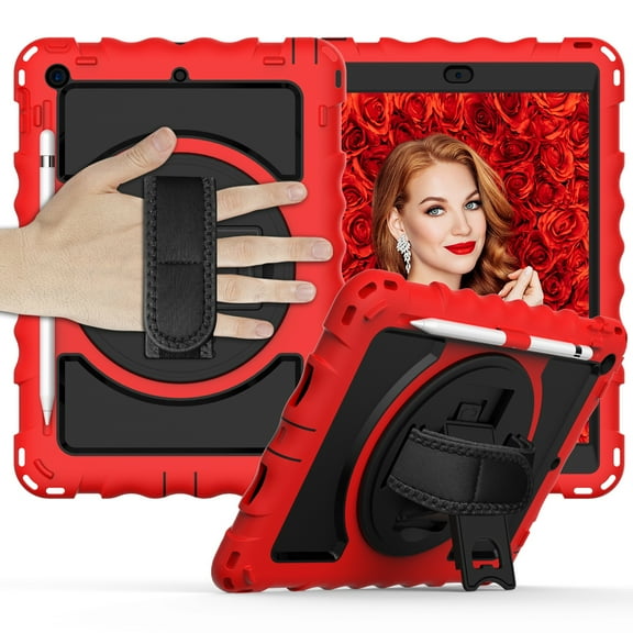 iPad 10.2" Case, iPad 8th Gen / iPad 7th Gen Case, Dteck Heavy Duty Rugged 3 Layer Full Body Shockproof Protective Covers with 360 Rotate Stand /Hand Strap/ Should Belt /Pencil Holder,Z_Red