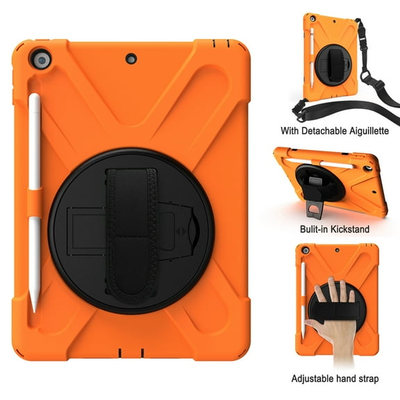 iPad 10.2 Case, iPad 8th Generation 2020 Case, iPad 7th Generation 2019 Case, Dteck Heavy Duty Rugged 3 Layer Full Body Protection Case Kickstand with Shoulder Strap, 360 Rotation Handle, Orange