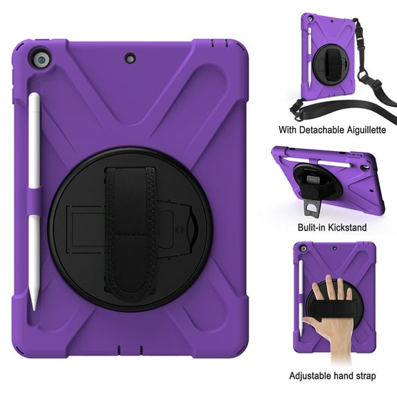 iPad 10.2 Case, iPad 8th Generation 2020 Case, iPad 7th Generation 2019 Case, Dteck Heavy Duty Rugged 3 Layer Full Body Protection Case Kickstand with Shoulder Strap, 360 Rotation Handle, Purple
