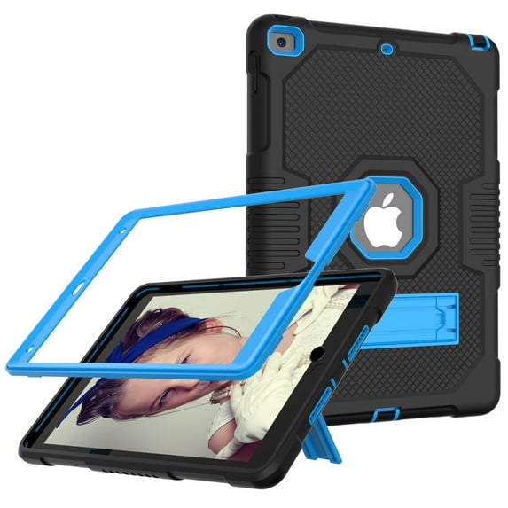 iPad 10.2 Case (9th/8th/7th Generation, 2021/2020/2019 Release), Kids Friendly Full-Body Rugged Hybrid Shockproof Heavy Duty Kickstand Drop Protective Cover, Black/Blue