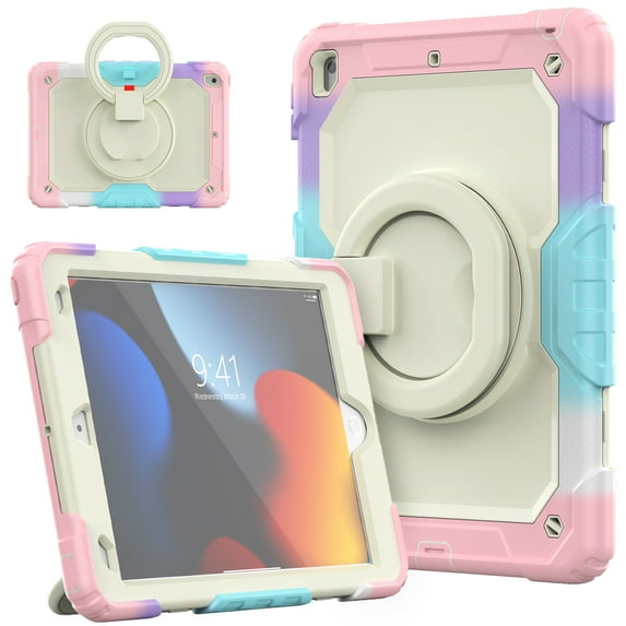 iPad 10.2 Case iPad 9th Gen 2021/iPad 8th Gen 2020/iPad 7th Gen 2019 Case,Rugged Protective Case with Tempered Glass Film 360° Rotatable Kickstand Handle Kid Proof Case for iPad 10.2",Camouflage Pink