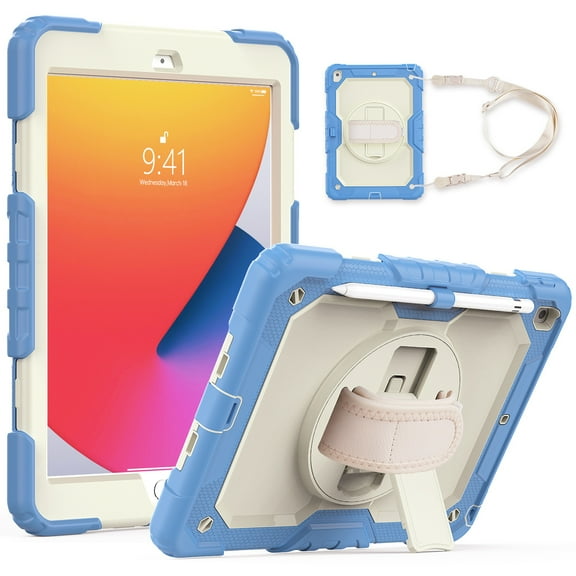 iPad 10.2 Case with Built-in Screen Protector, Dteck 3 in 1 Hybrid Rugged Full Body Protection Shockproof Case 360 Degree Rotating Stand Cover with Adjustable Hand Strap/Shoulder Strap,Blue