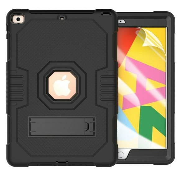 iPad 10.2 Case with PET Screen Protector, Kids Case For iPad 7th Generation with Pencil Holder, Heavy Duty Rugged Dropproof Shockproof Case Kickstand Protective Cover, Black + Black