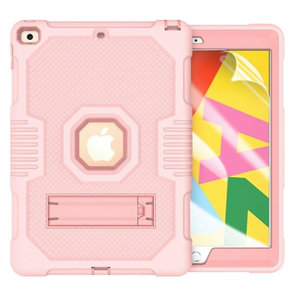 iPad 10.2 Case with PET Screen Protector, Kids Case For iPad 7th Generation with Pencil Holder, Heavy Duty Rugged Dropproof Shockproof Case Kickstand Protective Cover, Rosegold
