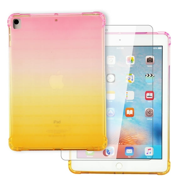 iPad 10.2 Case with Tempered Glass Screen Protector, iPad 8th Gen 2020 / iPad 7th Gen 2019 Case, Dteck Lightweight Ultra Thin Gradient Clear Case Slim Fit Soft TPU Protective Cover, Pink/Yellow