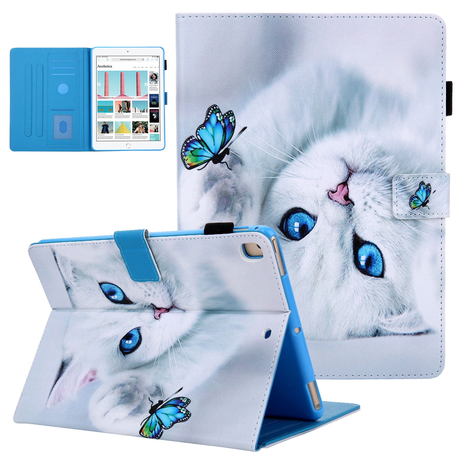 iPad 10.2 Case for iPad 8th 7th Gen 2020 2019, Allytech PU Leather Slim Fit Protection Smart Cover Auto Sleep Wake Pencil Holder Muilt Angle Stand Folio Flip Cover for Apple iPad 10.2",Cat Butterfly