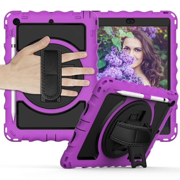 iPad 10.2" Case, iPad 8th Gen / iPad 7th Gen Case, Dteck Heavy Duty Rugged 3 Layer Full Body Shockproof Protective Covers with 360 Rotate Stand /Hand Strap/ Should Belt /Pencil Holder,Z_Purple