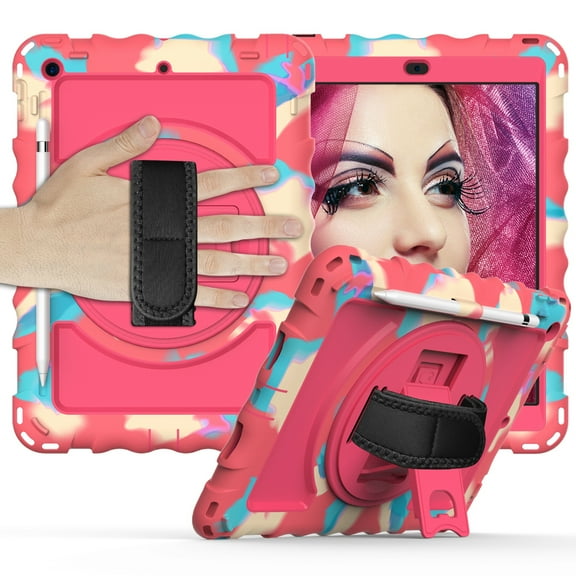 iPad 10.2 Case, iPad 8th Gen / iPad 7th Gen Case, Dteck Heavy Duty Rugged 3 Layer Full Body Shockproof Protective Covers with 360 Rotate Stand /Hand Strap/ Should Belt /Pencil Holder,Z_Color Rose