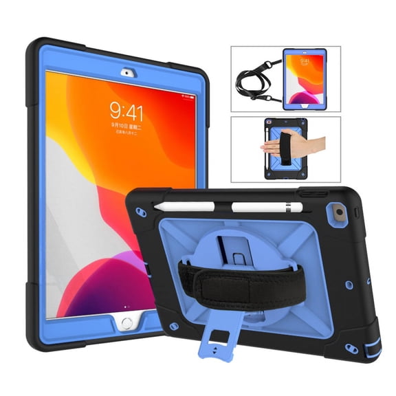 iPad 10.2 Case,iPad 9th/8th/7th Generation Case 2021/2020/2019,Hybrid Shockproof Rugged Heavy Duty Full-Body Drop Protection Stand Kids Case with Shoulder Strap for iPad 10.2 inch,Black+Blue