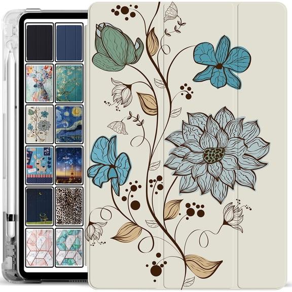 iPad 10.2 Inch 9 8 7 2021 2020 2019 [iPad 9th / 8th / 7th Gen ] A2197 A2270 A2602 Magnetic Trifold Printed Pencil Holder Transparent Silicone TPU Back Cover - Watercolor Flowers