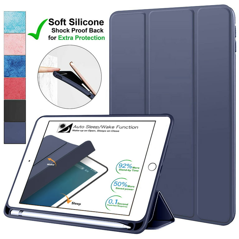 iPad 10.2 Inch 9 8 7 2021 2020 2019 [iPad 9th / 8th / 7th Gen ] A2197 A2270  A2602 Smart Magnetic Trifold Pencil Holder Soft Silicone TPU Back Cover -  Navy Blue 