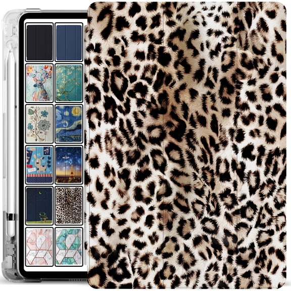 iPad 10.2 Inch 9 8 7 2021 2020 2019 [iPad 9th / 8th / 7th Gen ] A2197 A2270 A2602 Smart Magnetic Trifold Printed Pencil Holder Transparent Soft Silicone TPU Back Cover - Leopard