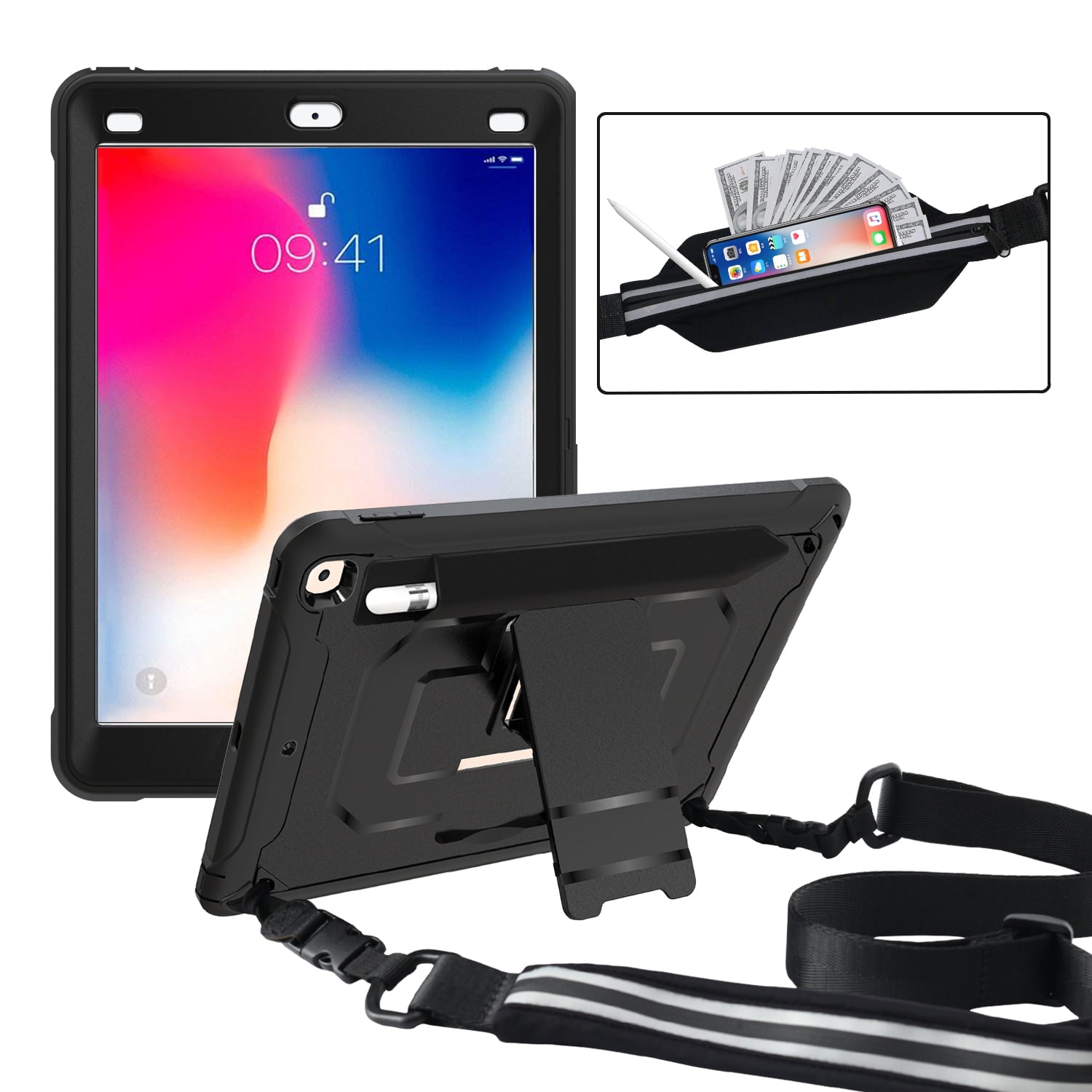 iPad 10.2" Kids Case with Pencil Holder, Allytech Full Protection Shockproof Kickstand Shoulder Strap Heavy Duty Defender Bumper Back Cover Case for Apple iPad 10.2" 7th Generation, Black